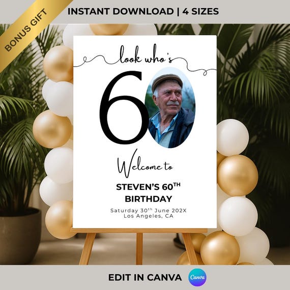 Male 60th Birthday Welcome Sign: Photo Template (Canva Editable, Digital Download)