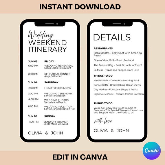 Editable Wedding Weekend Itinerary Template: Canva Timeline (Digital Download)