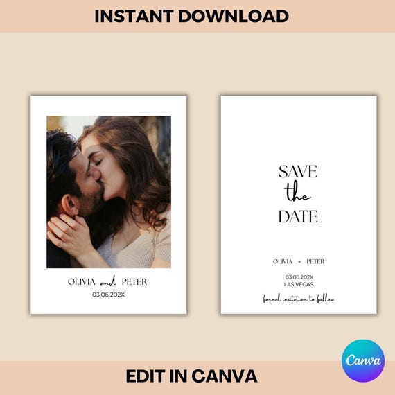 Modern Minimalist Save the Date Template: Photo Wedding Invitation (Canva Editable, Instant Download)