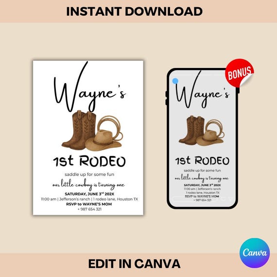 First Rodeo Birthday Invitation: Wild West Cowboy, Canva Template (Digital Download)