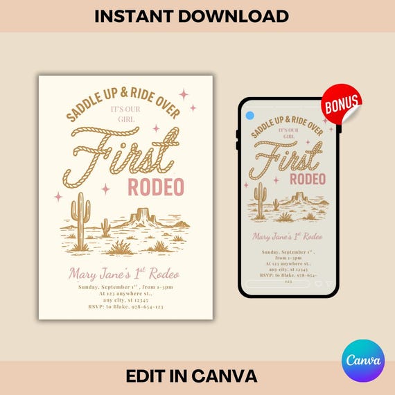 Cowgirl 1st Rodeo Birthday Invitation: Pink Western Theme (Printable Template)