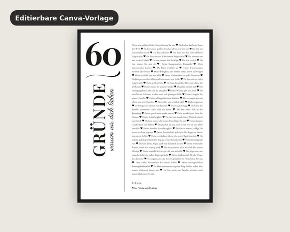 60 Reasons We Love You Poster, Editable Template, Personalized Gift for Family and Friends - Printable Keepsake