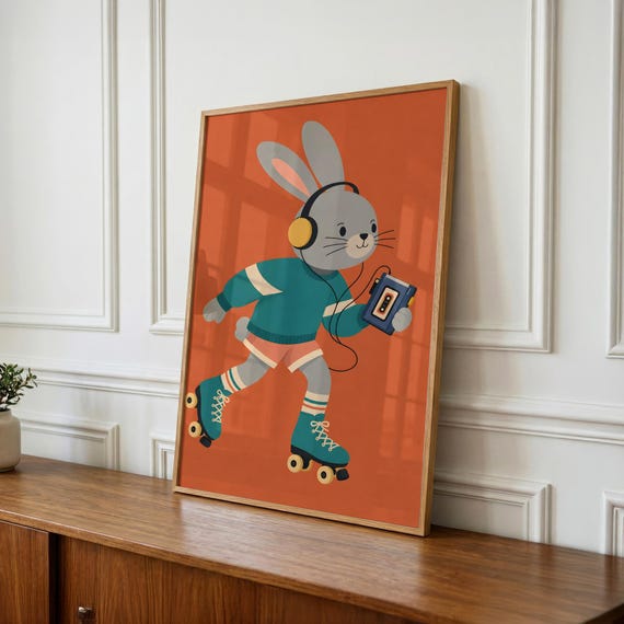 Whimsical Bunny Roller Skater Print, Kids Room Wall Art (Digital Download)