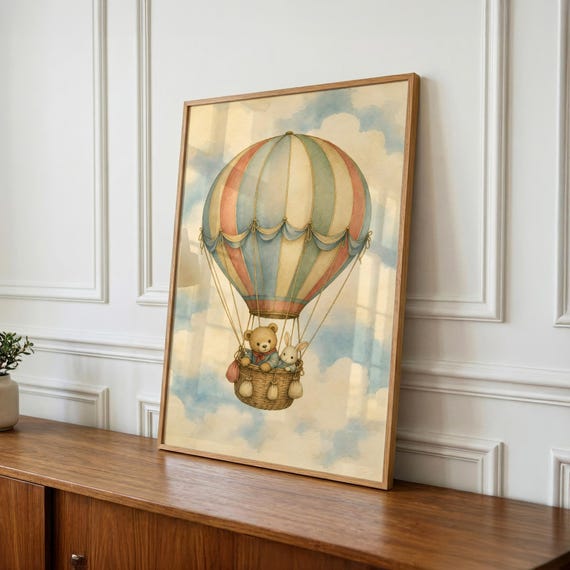 Vintage Hot Air Balloon Print, Nursery Wall Art, Teddy Bear Bunny (Digital Download)